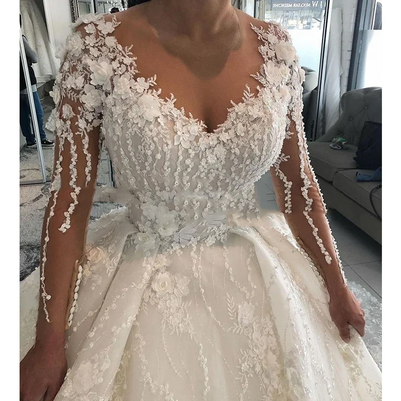 Flavinke vestidos de casamento personalizados organza bordado renda vestido de baile 3dflower com decote em v manga cheia vestido de noiva novia
