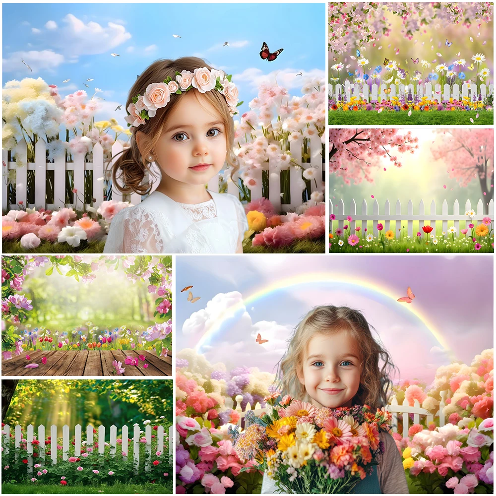 Spring Natural Scene Photography Backdrop Garden Flower Green Grass Floral Fence Kids Portrait Easter Background Photo Studio