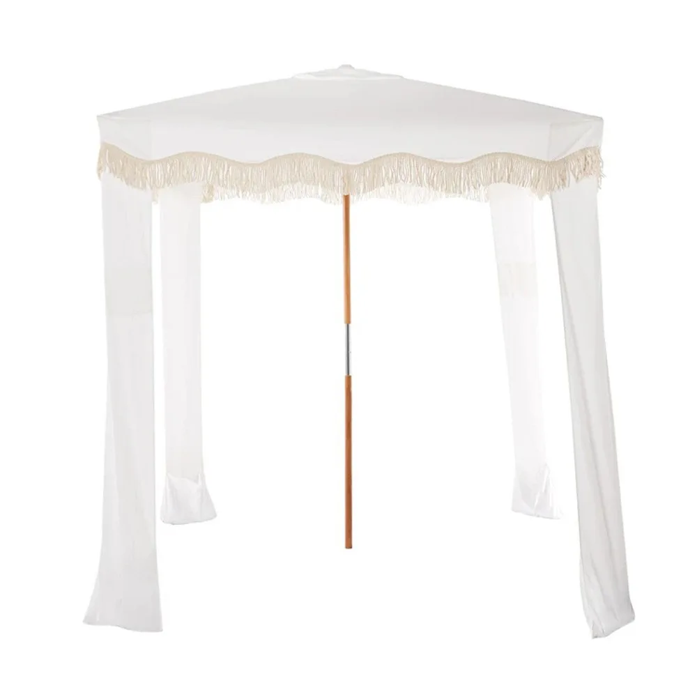 2 meters white with tassel, wind-resistant and sun-proof tent umbrella, wooden pole, beach hut , sunshade and wind-resistant