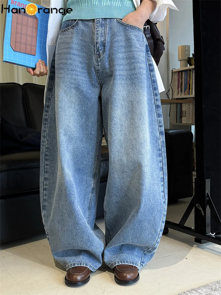 

HanOrange 2026 Spring Vintage Fashion Washed Curved Knife Wide Leg Jeans Women Loose Silhouette Denim Pants Blue