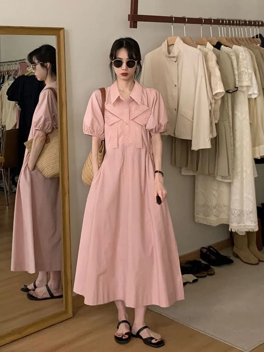 

plus Size 300 Pounds Pink Dress Women's Summer High-End Bubble Sleeve Slimming Long Dress Korean Style Loose Fit Button Detail