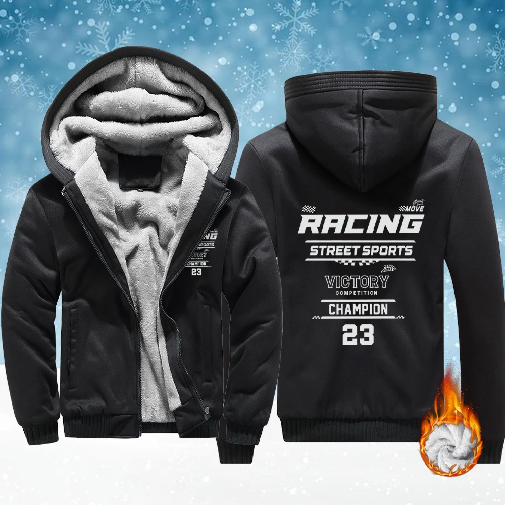 

Racing Victory Street Sports Printed Male Fleece Basics Jackets Zip-Up Winter Hoodie Thicken Warm Veste Comfy Soft Streetwear