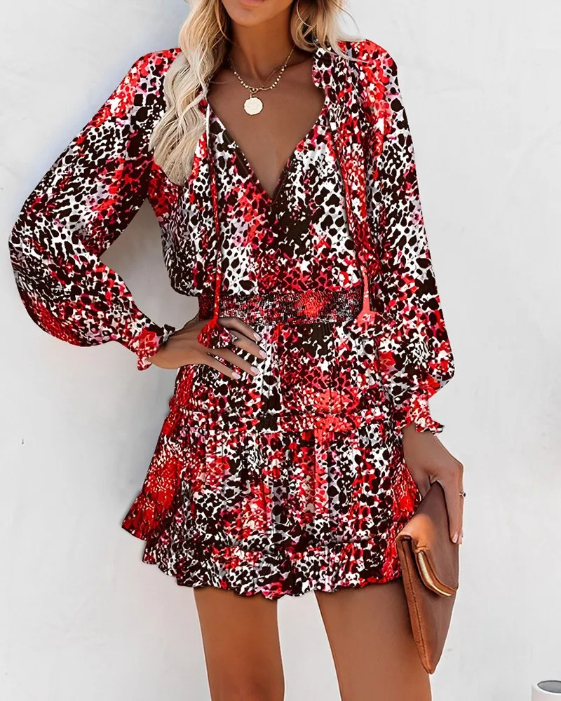 New Fashion Sexy Long Sleeve V-neck Print Floral Fit And Flare Slim Fit Above Knee Dress For Women,8 Colors