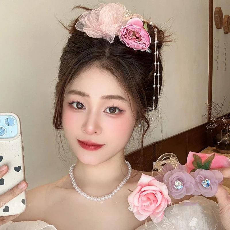 Sweet Fashion Tassels Flower Large Size Hair Clip for Women 2026 New Girls High-end Three-dimensional Romantic Shark Hair Claw