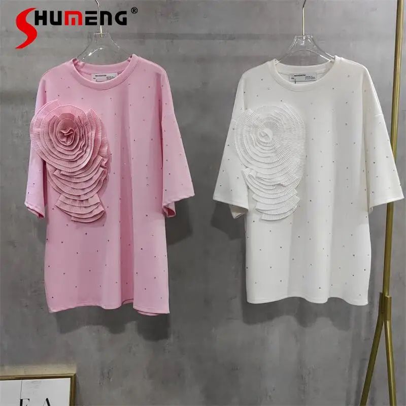 Pleated Three-Dimensional Flower T-Shirts Rhinestone Mid-Length T-shirts Women's 2024 New Casual All-match Design Over Size Tops