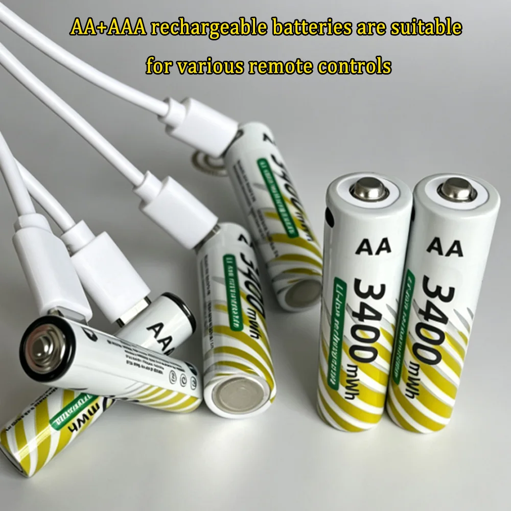

1.5V AA 3400mWh + AAA 900mWh Rechargeable Lithium Battery Set with USB-C Fast Charging Type C Cable air transport