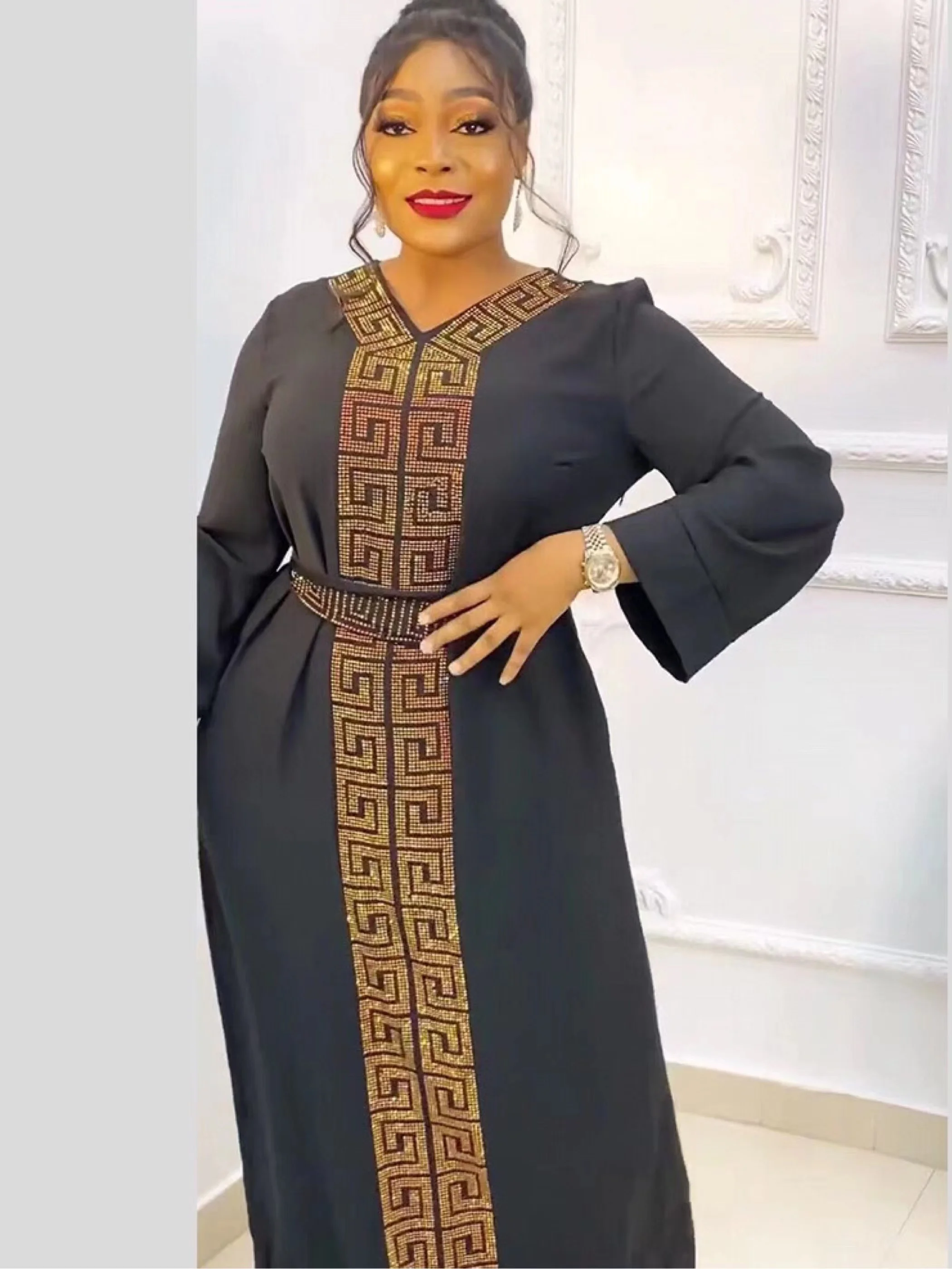 New African Autumn Abaya For Women Dubai Islamic Dress Black Diamonds Long Sleeve  Arab  Muslim Evening Dress Party Clothing