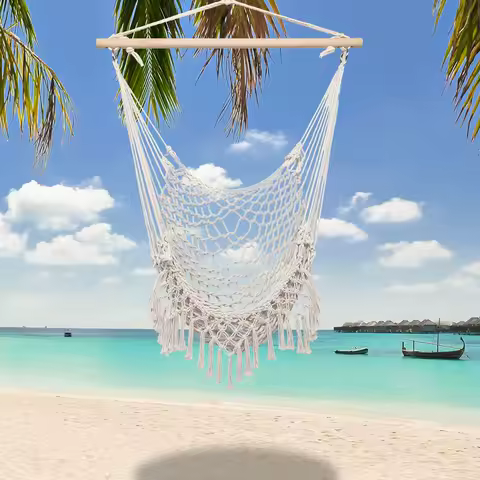 Hammock Chairs,Cotton Rope Sling with Tassel Beige for Indoor/Outdoor Patio Deck Yard Garden Reading Leisure Lounging