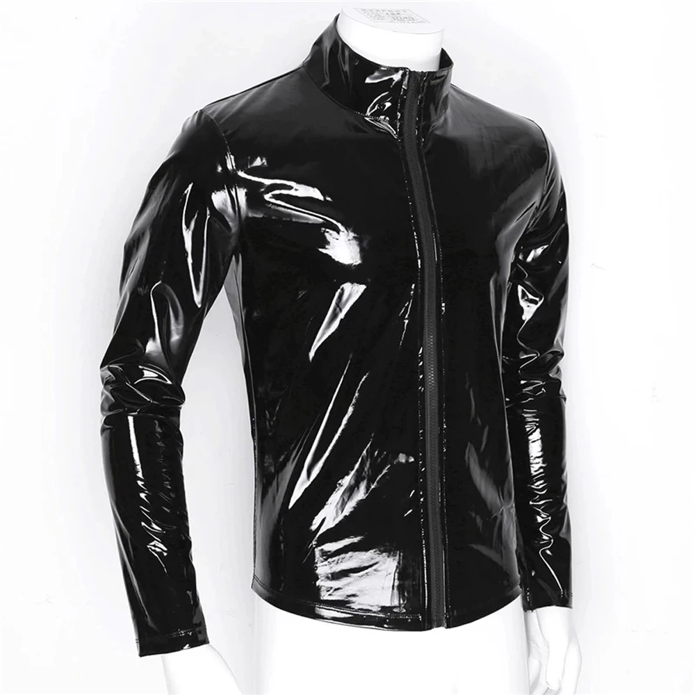 Herren Langarm-Shirt aus Kunstleder mit Glanzoptik, PVC-Jacken, Eng Anliegende Sexy Cosplay Windbreaker, Motorrad-T-Shirts – Detail 10