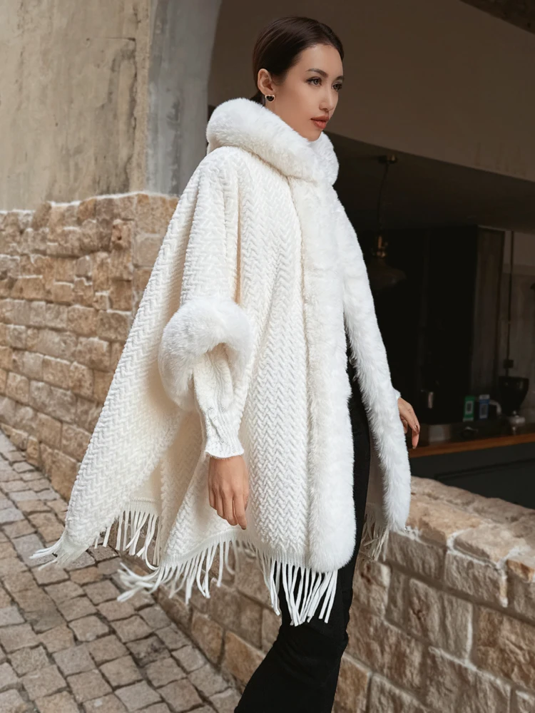 أزياء فرنسية أنيقة أوف وايت فو الثعلب الفراء طوق معطف طويل جاكيتات سميكة الدافئة شرابة أفخم كيب عباءة للنساء الشتاء #2