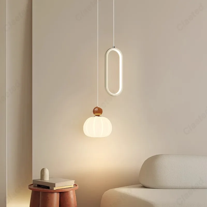 French Cream Style Pumpkin Pendant Light Modern Minimalist Home Lighting Hanging Lamp for Bedroom Bedside Study and Living Room
