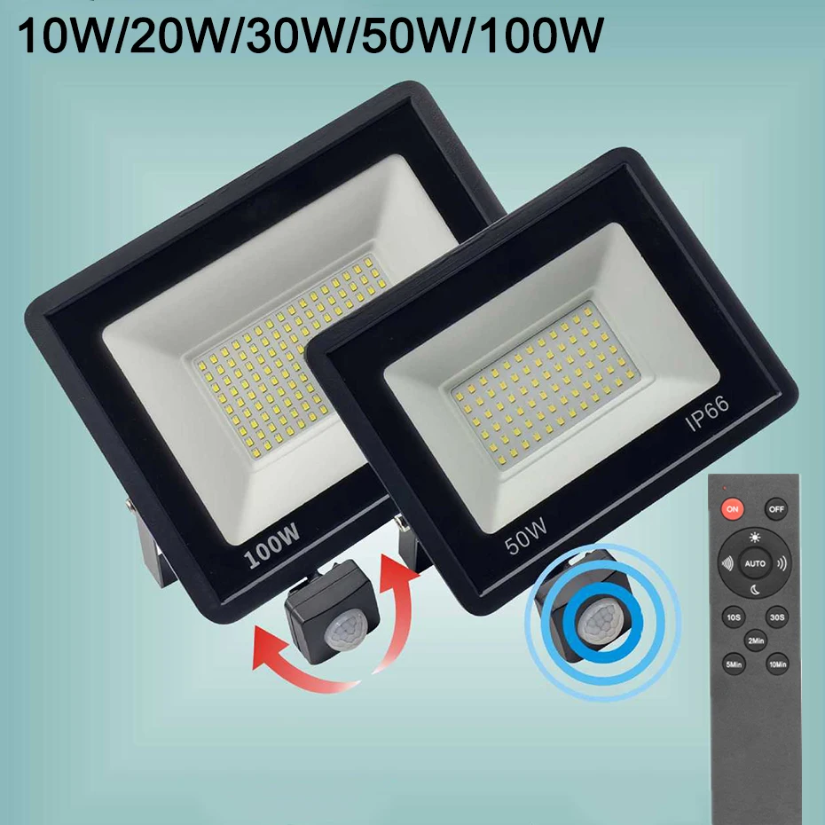 100w 50w 30w 20w 10w LED Reflector 220V PIR Motion Sensor  Flood Light Outdoor Remote Control Waterproof Garden Street Wall Lamp