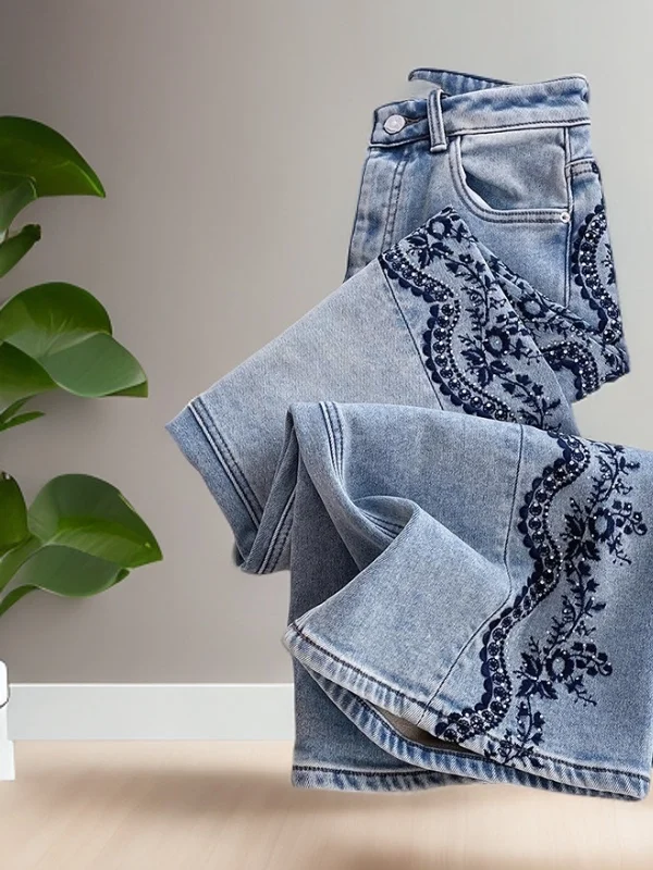 

Waed Denim Wide Leg Pants Sequin High Waist Jeans Spring Faion Street Sle Women's Casual Multi ket Loose Fit Blue