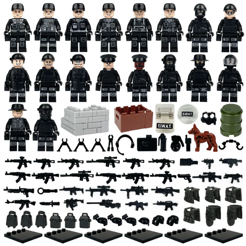 Military black d special police figure children assembled building block doll toy small particle accessories