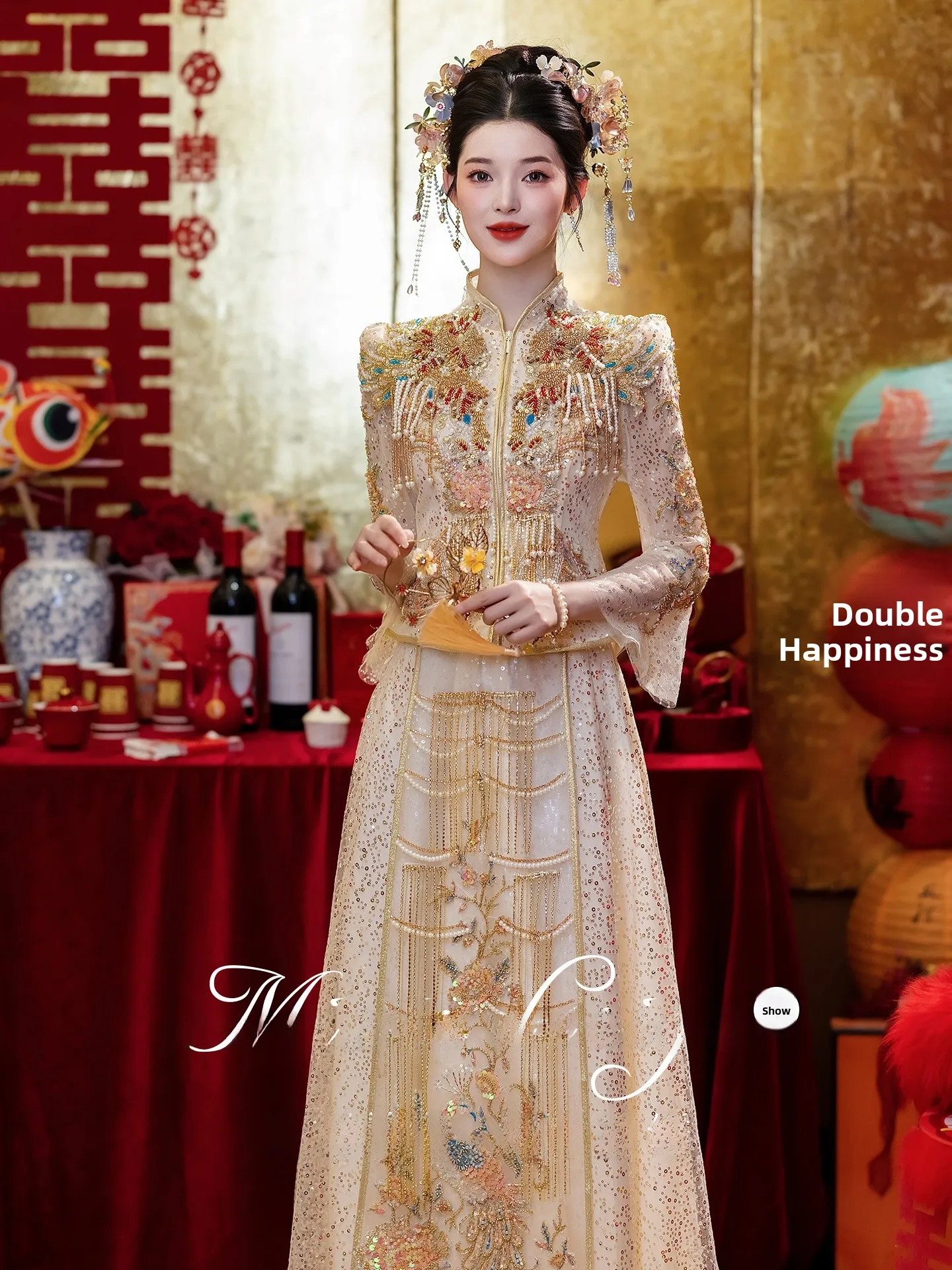 

Свадебное платье цвета шампань в китайском стиле, платье для невесты, платье для помолвки, из полиэстеровой ткани с вышивкой