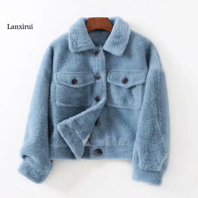 

Winter Imitation Mink Velvet Short Style Outwear Fashion Design Women's Long Sleeve Loose Jacket Ladies Coat