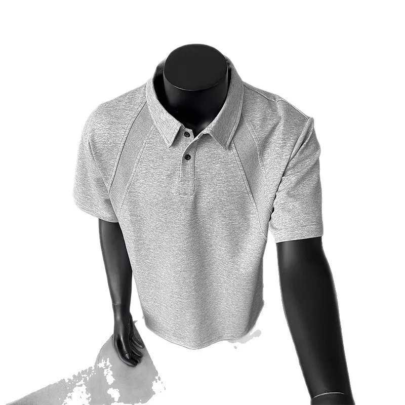 For Men Summer Heavyweight Teenagers Lapel Shoulder Snap Five-quarter Sleeve Top Trend Off-the-shoulder Short-sleeved Polo Shirt