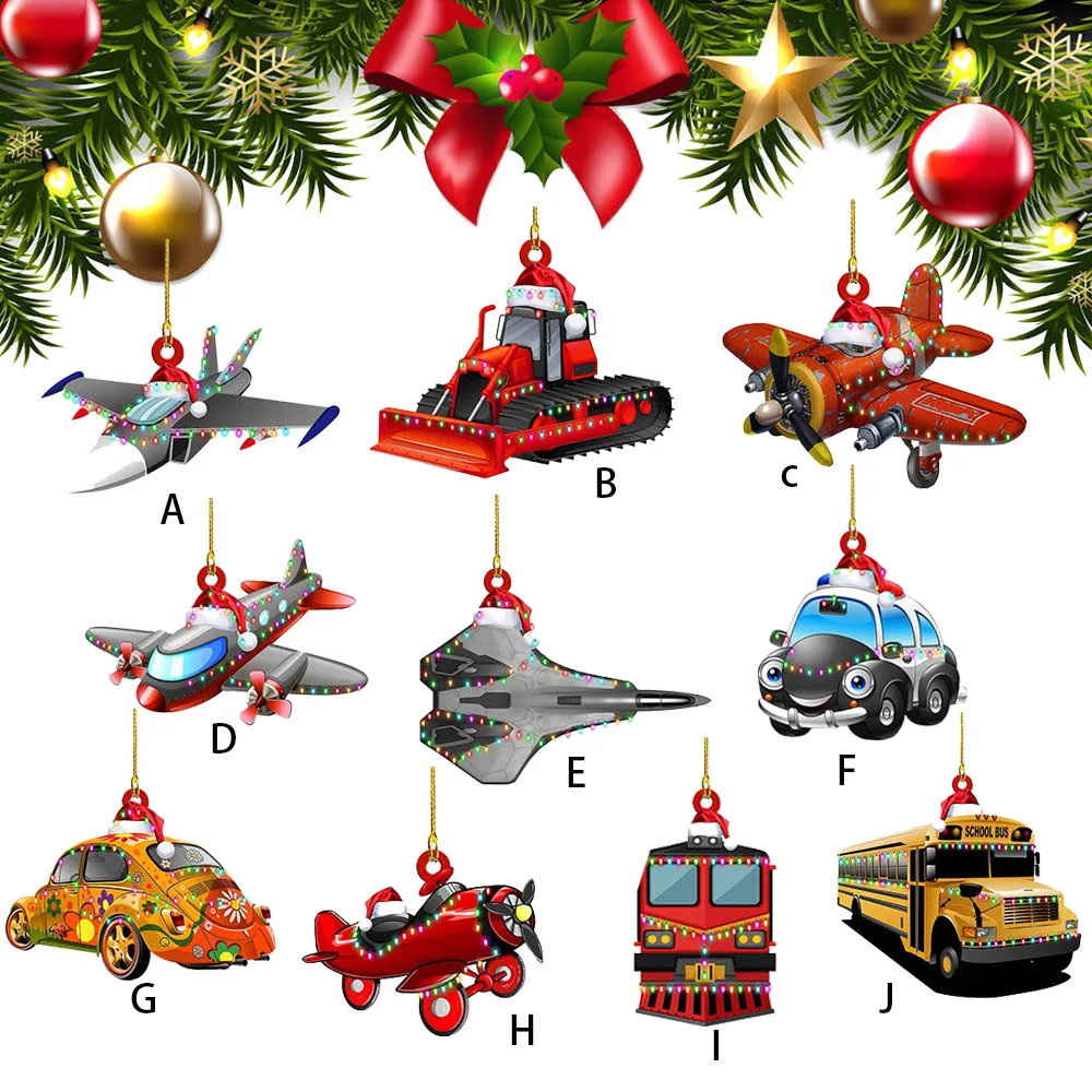 Cartoon Airplane Car albero di natale ciondolo decorazioni appese creativo 2D acrilico escavatore ornamenti aerei decorazioni per l\'albero di natale