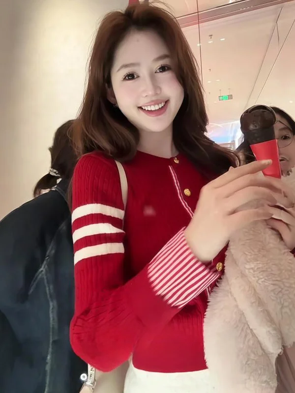 

Ele Red Stripe round Ne Long Sve Knitted Sweater Women's Slim Fit ort Cardigan Top for Autumn Winter New Sle