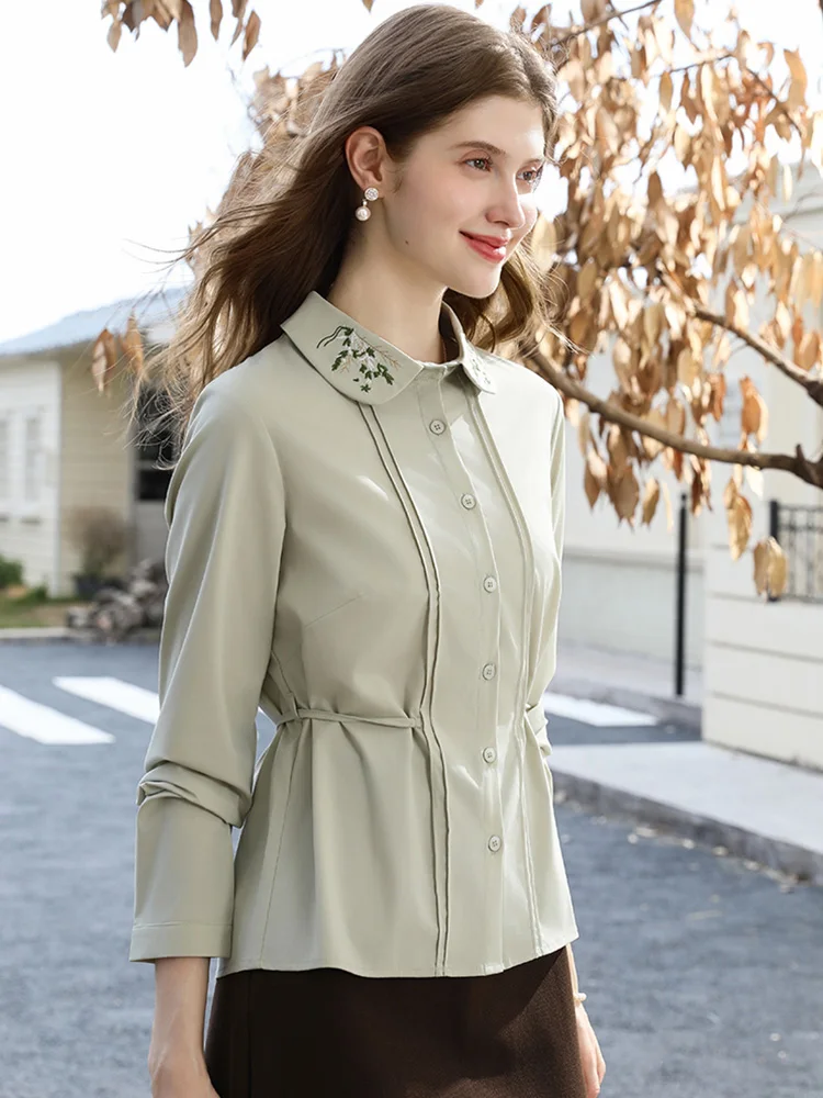 I BELIEVE YOU Green French Long Sleeved Shirt 2025 Autumn Lapel Embroidered Top Lace Up Waist Shirts Office Lady 2243055805