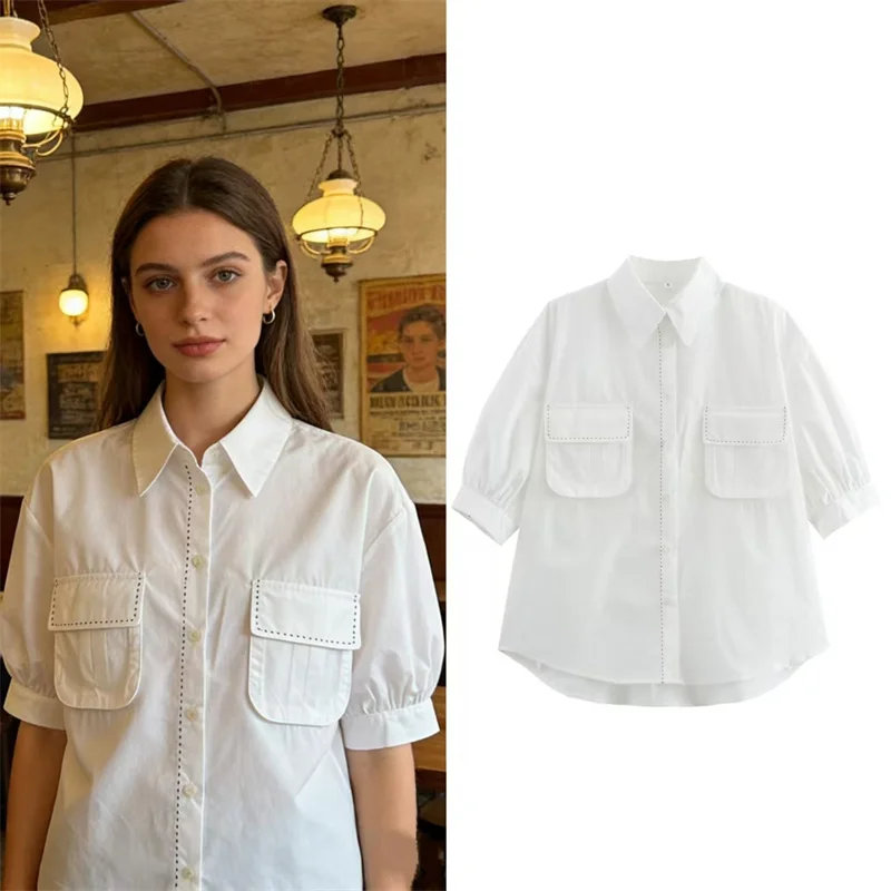 Camisa de Mujer, Nueva, Blanca, de Manga Corta, con Bolsillos, Cuello Camisero, Estilo Universitario, Simple, para Primavera