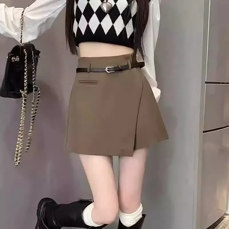 Irregular Grey Blazer Style Skort for Women High Waist Loose Wide Leg A-line Short Skirt Spring Autumn Slimming Casual Streetwea