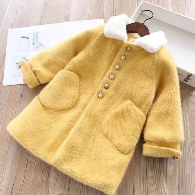 

Imitation Mink Velvet Long Coat Girls Autumn Winter Warm Loose Wool Blends Jacket Kids Korean Fashion Fleece Overcoat TZ378