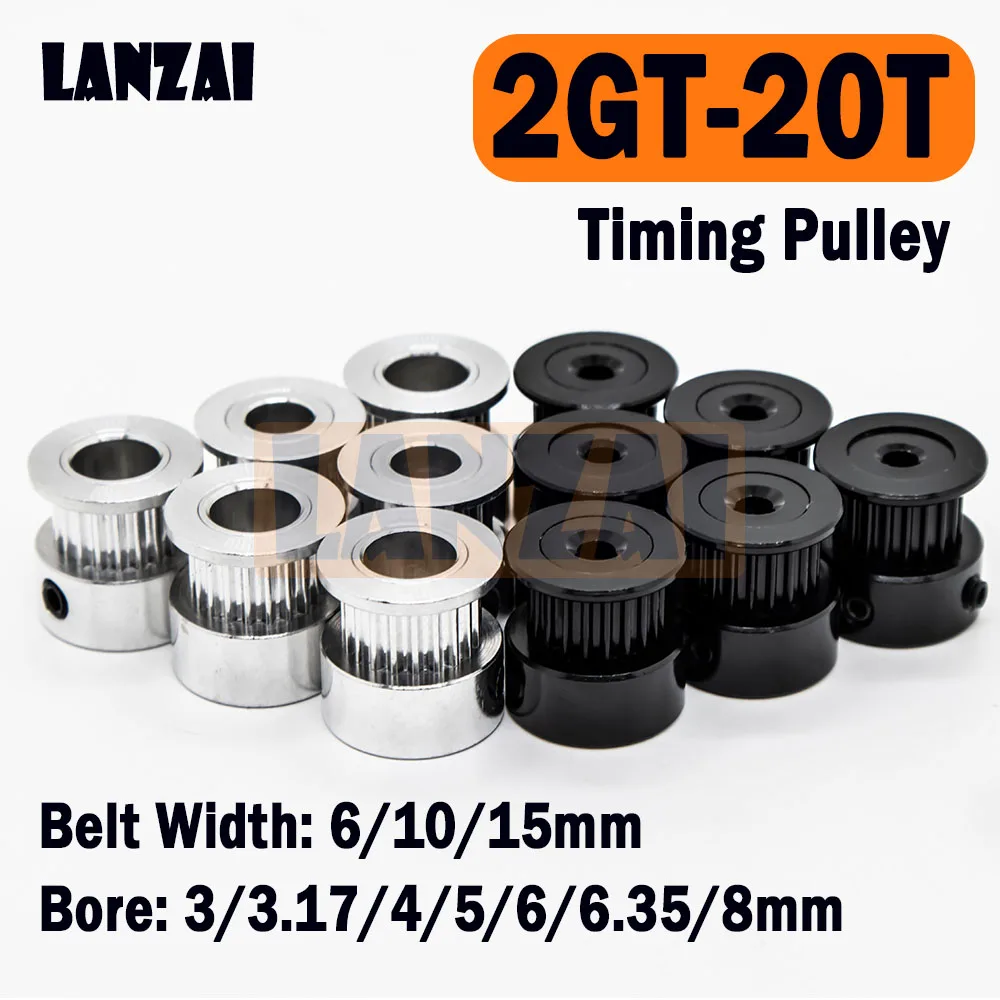 

LANZAI Aluminium 2GT Timing Pulley 20 Teeth Bore 3/3.17/4/5/6/6.35/8mm Belt Width 6/9/10/15mm for 3D Printer 20T K Type