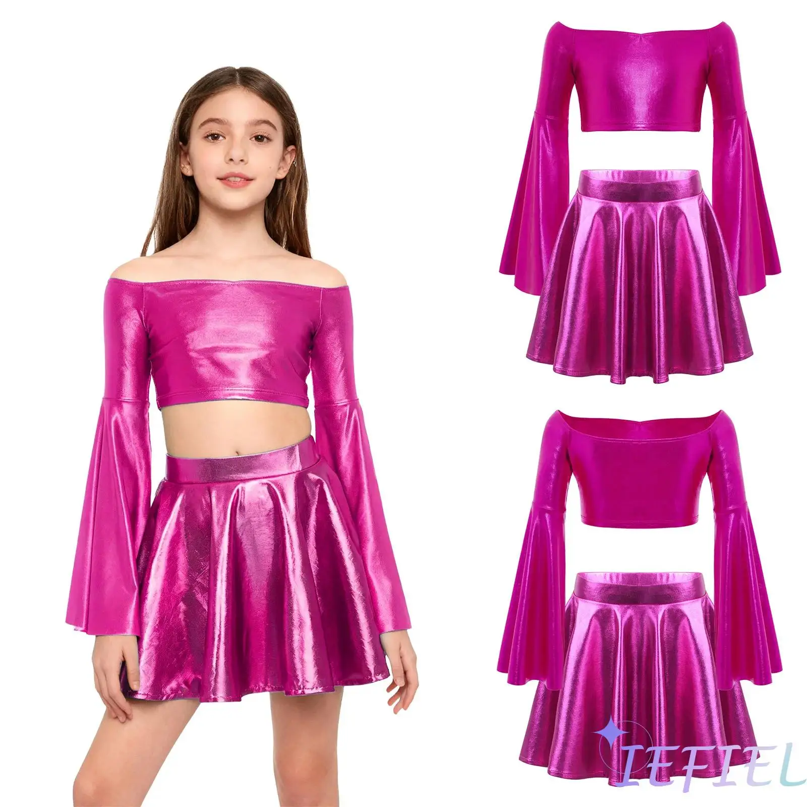 

Kids Girls Jazz Belly Dance Costume Long Flared Sleeve Metallic Dance Crop Top with Skirt for Hip Hop Street Dance performance