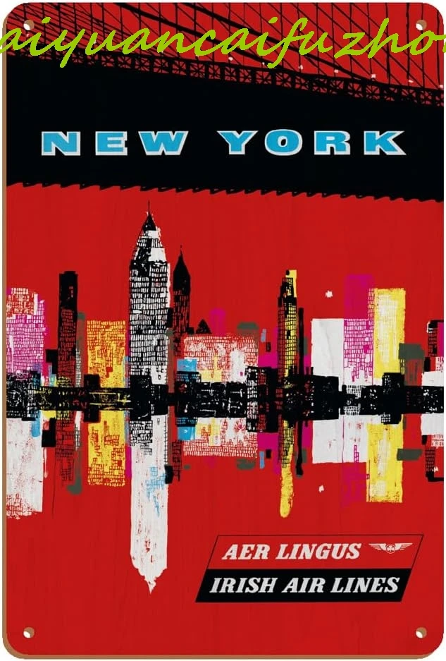 New York USA - Manhattan Skyline - Aer Lingus Irish Air Lines - Vintage Airline Travel Poster c.1960s - 8 x 12 inch Vintage Wood