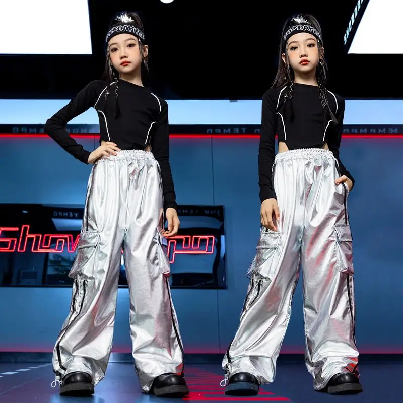 

Girls Jazz Dance Hip Hop Outfit Child Model Catwalk Stage Dance Show Costume Black Navel Top White Trousers