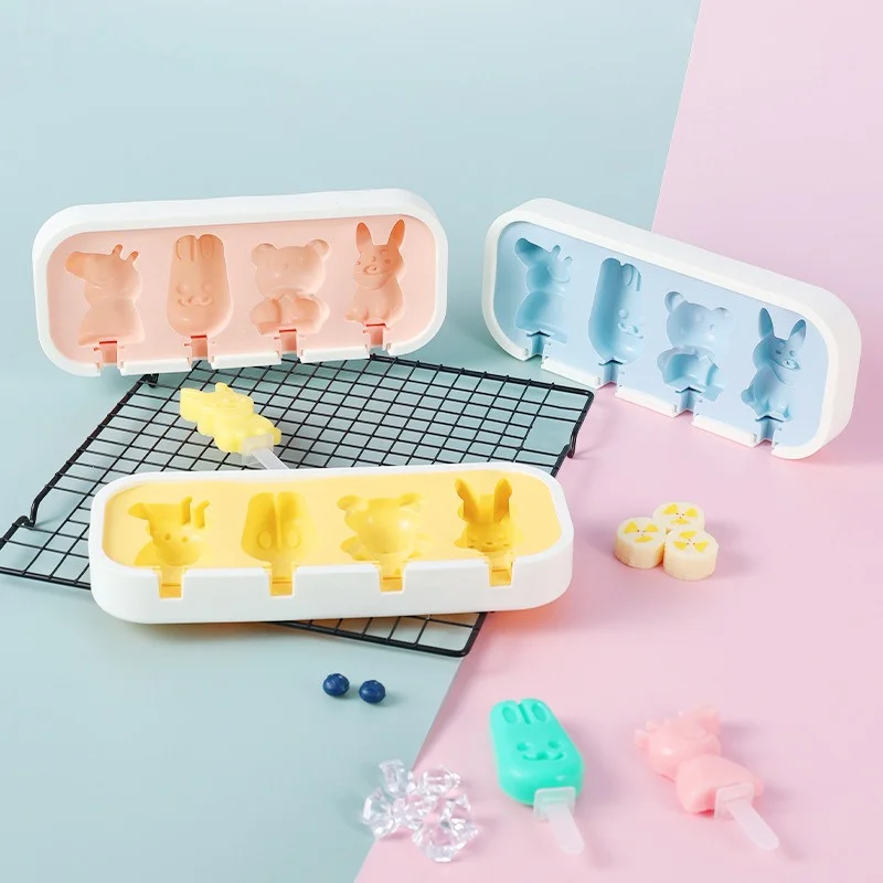 Cartoon Animals Silicone Ice Cream Mold Easy Popsicle Molds with Lid and sticks DIY Homemade Ice Lolly Ice Cream Bar Pop Molds