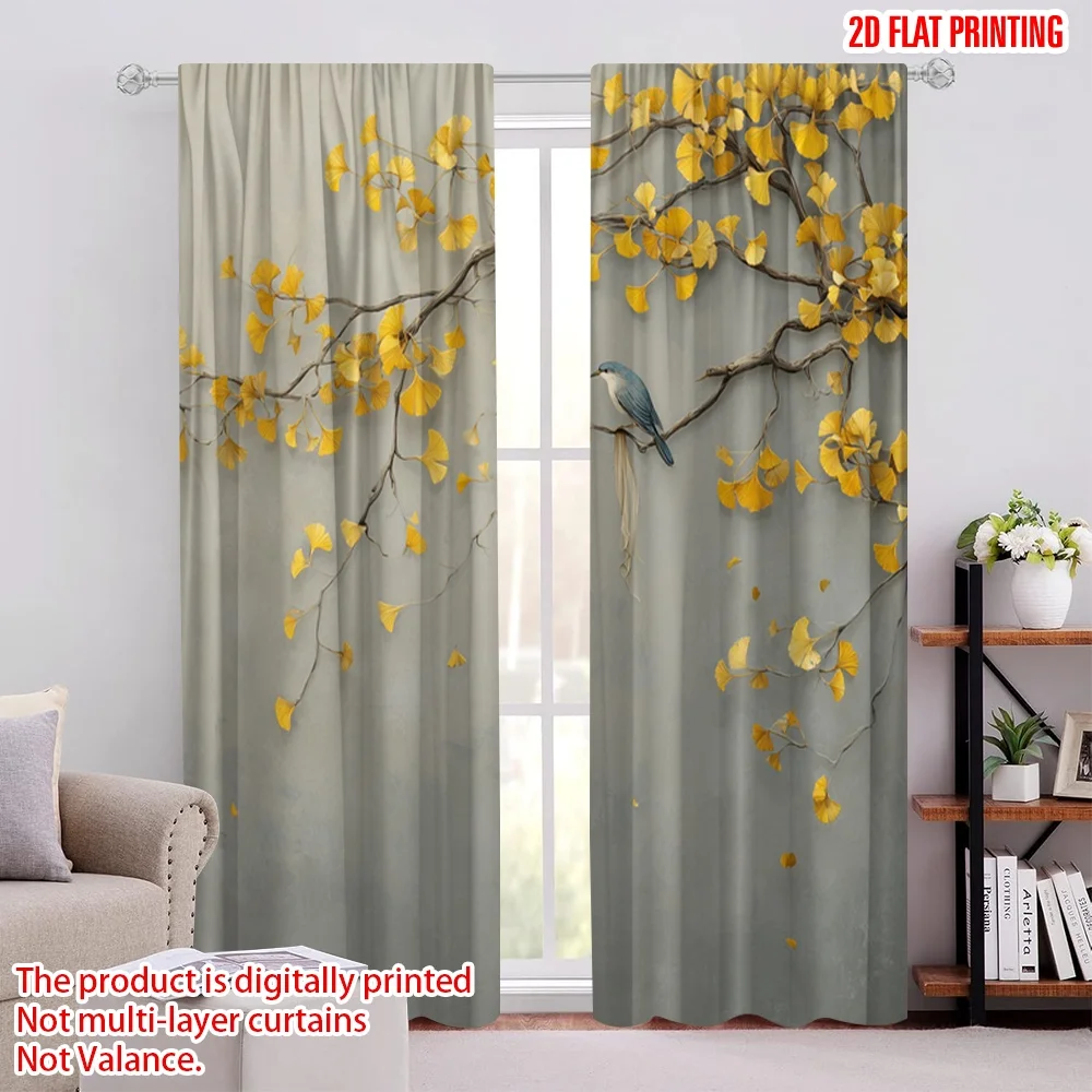 

2pcs 2D flat printing Scene Curtain Two birds gold leaves Digital Printed Polyester Drapes Festive Wall Decor Use for Holiday
