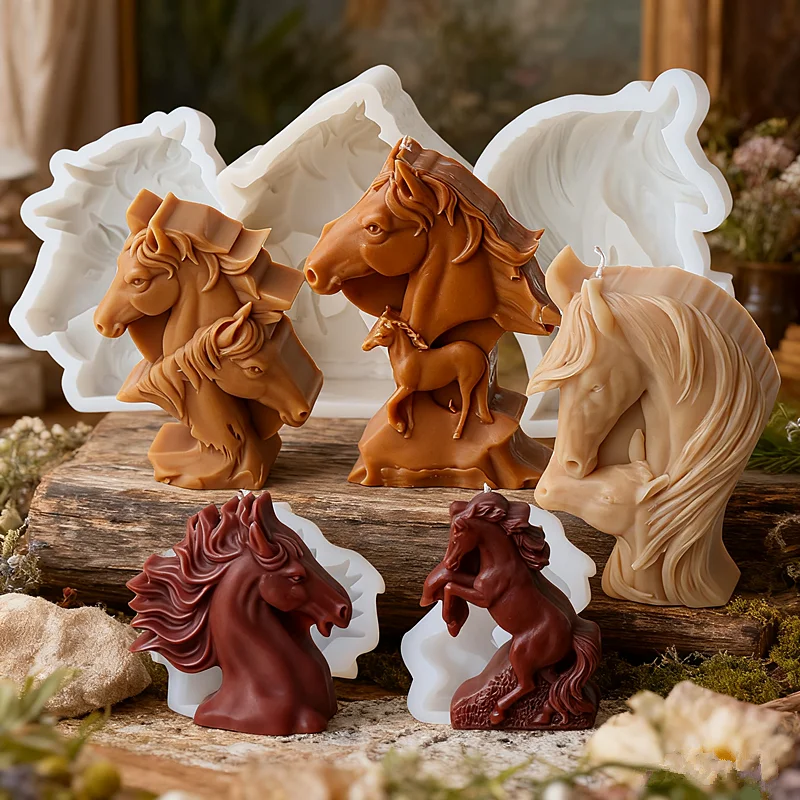 3D Doppel Pferd Kopf Wald Elch Baumstumpf Pferd Kopf Flache Tier Silikon Kerze Form DIY Aromatherapie Kerze Gips Wohnkultur