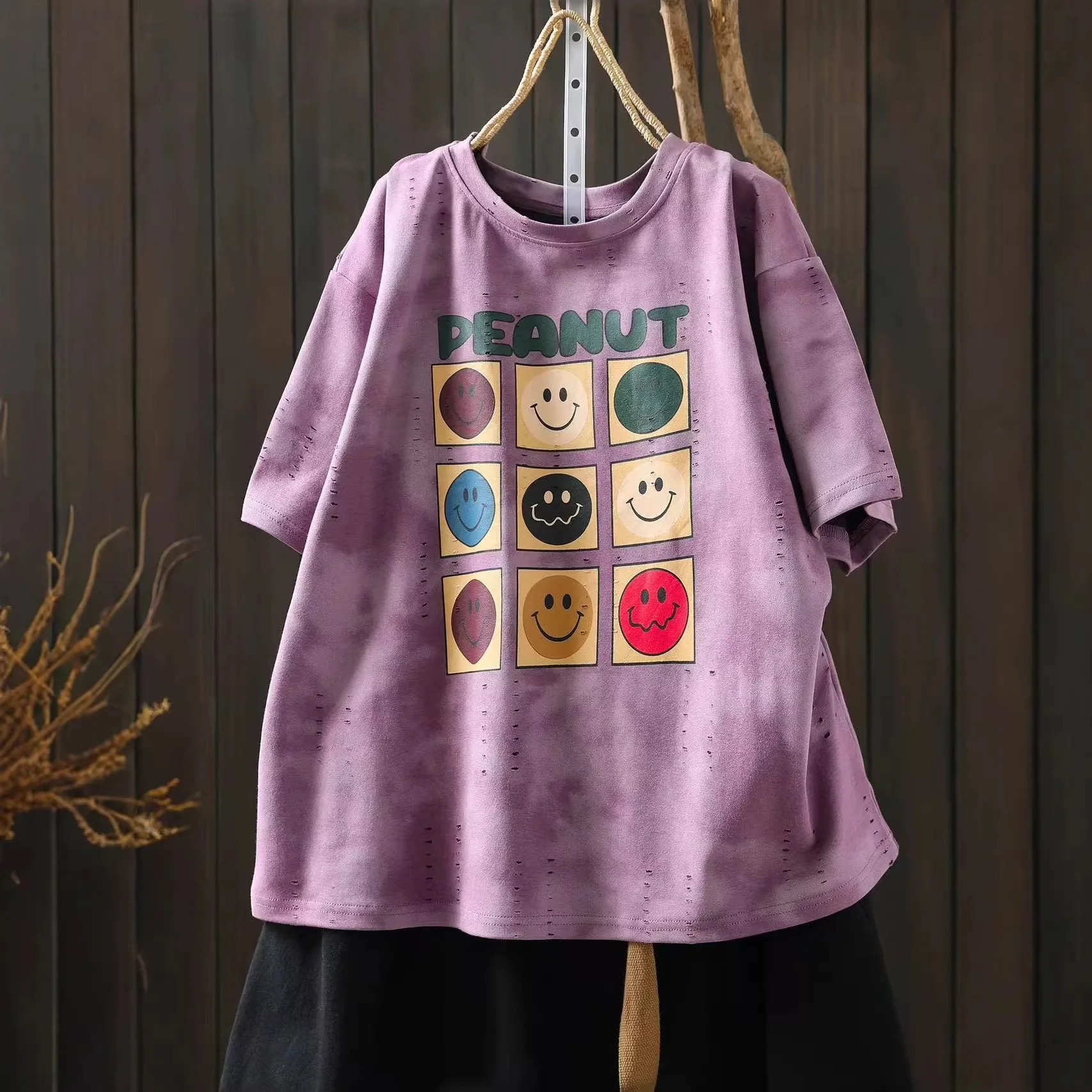 Women Summer New Vintage Mori Girl Cartoon Smiley Face Print T-Shirts O-Neck Short Sleeve Casual Loose Pullover Tee Shirt Tops