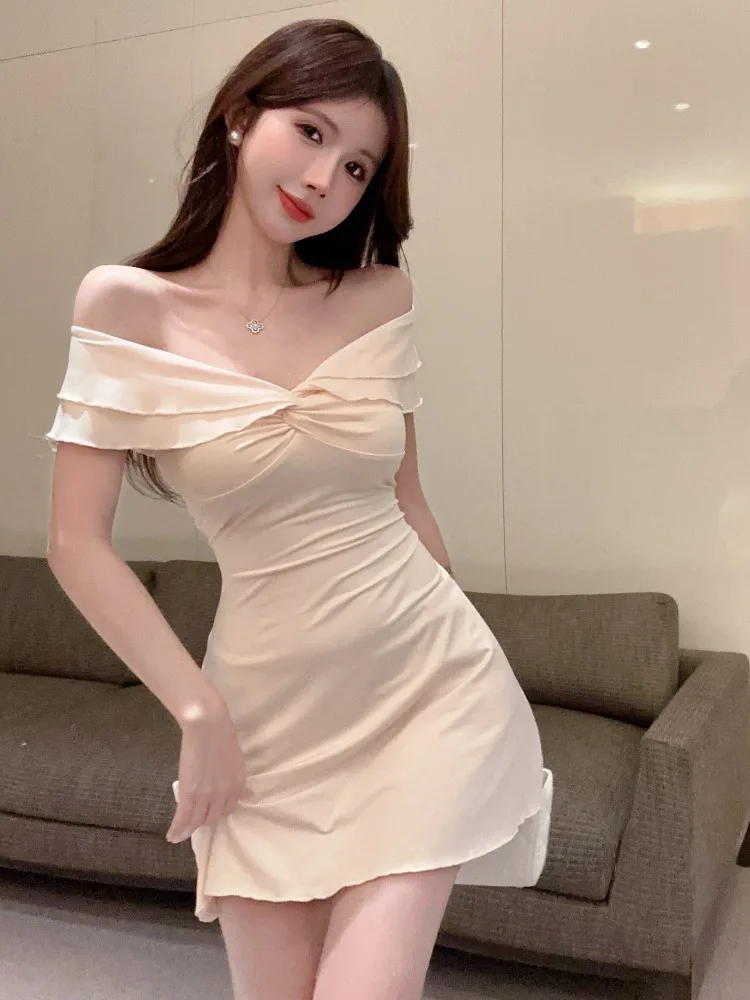 

Sexy Waist-Cinching One-Shoulder Cross-Bust Skirt Pure Desirable Gentle Summer New Style Korean Version Short Dress