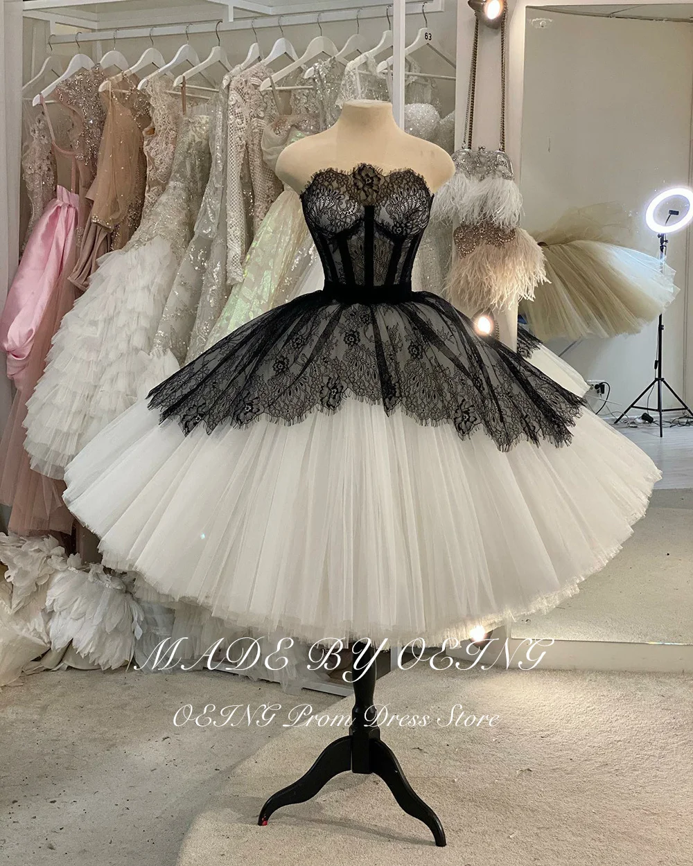 OEING Vintage Black And White Tulle Prom Dresses Elegant Lace Formal Party Evening Gowns Women Ball Dress Vestidos De Gala