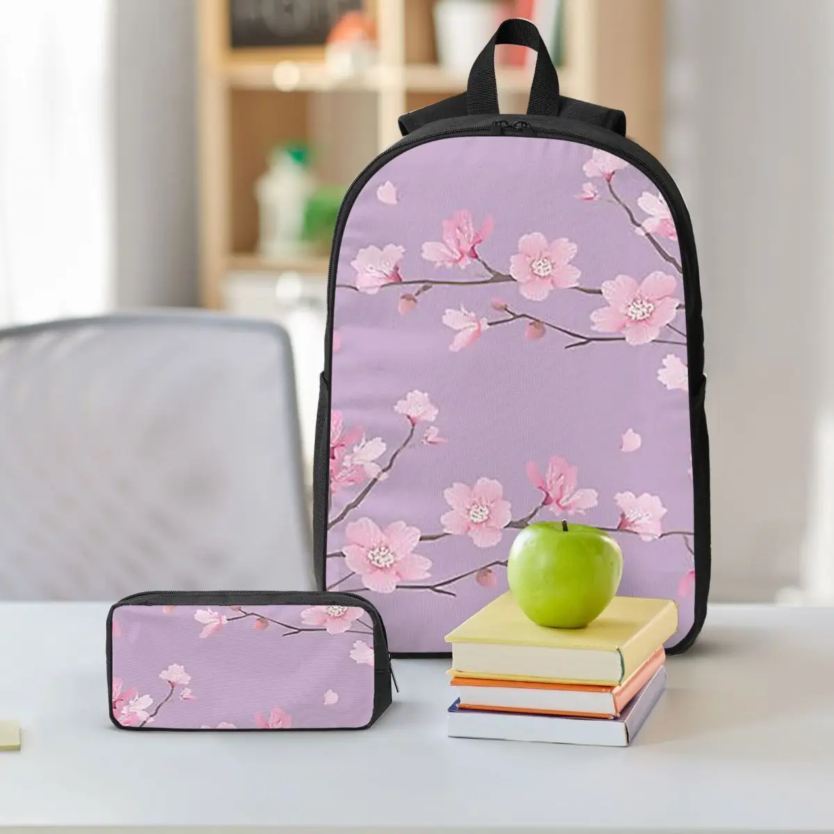 Cherry Blossom Flower Plant - Pastel Purple Backpack BookBag School Bag Shoulder Bags 3ps Insulated Lunch Bag Pencil Case