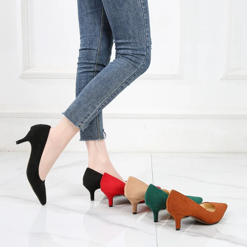 

Low Heel Pumps Lady Pointed Toe Kitten Heels Female Green Flock Plus Size 43 44 45 46 Red Shoes 2026 Women 5cm High Heels