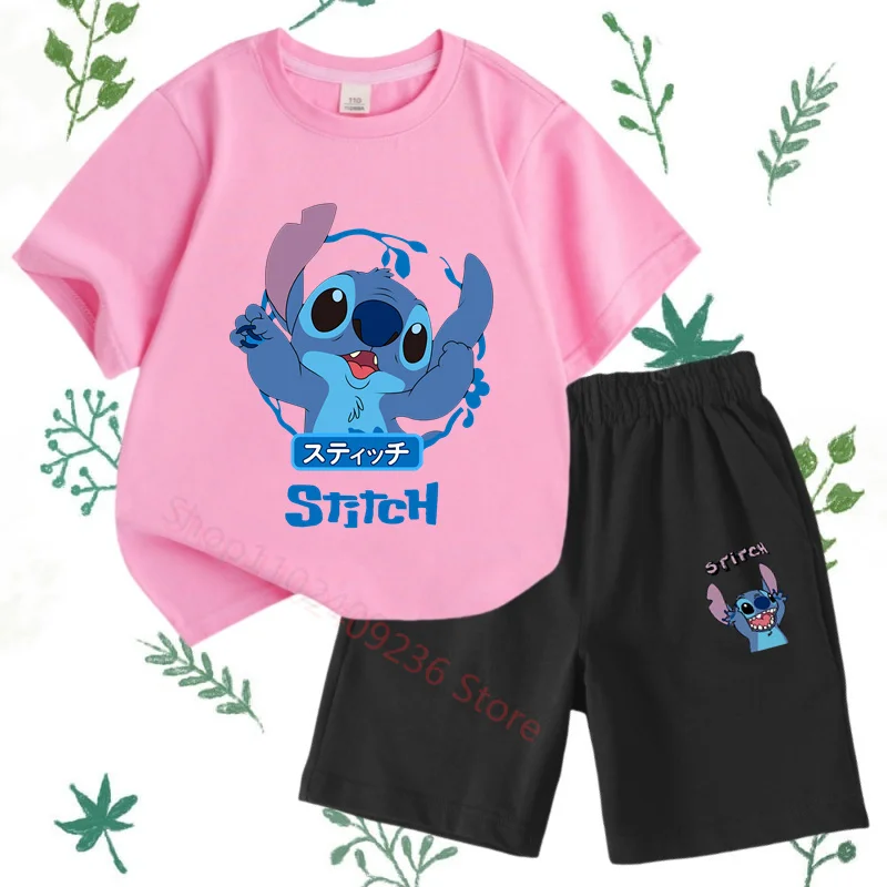 Summer New Kids Clothes 100% Cotton T-shirt Set Cartoon Anime Simple Fashion Kids Clothes Set Stitch Disney Anime