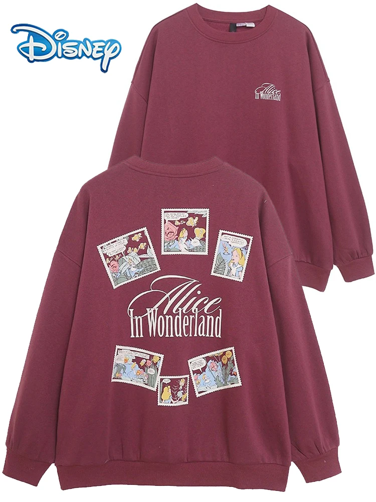 Disney Fleece Sweatshirt Alice in Wonderland Princess Letter Cartoon Print Fashion Women Long Sleeve O-Neck Sweet Jumper Tops
