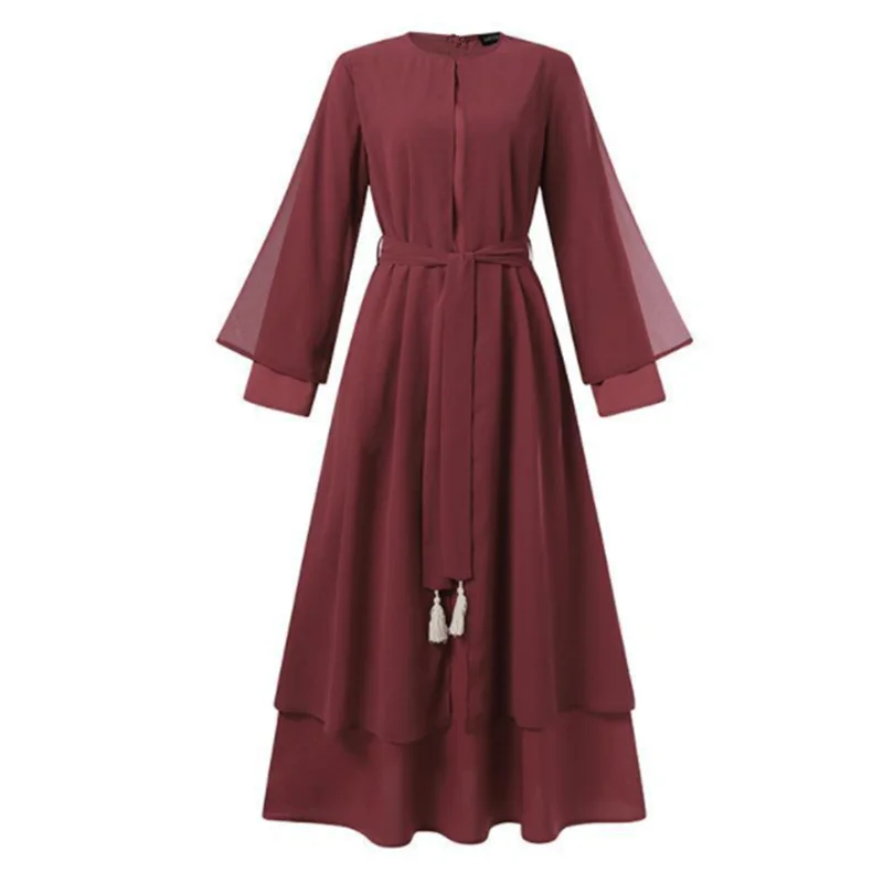 Muslim Fashion Literary Vintage Casual Loose Round Neck Belted Dress