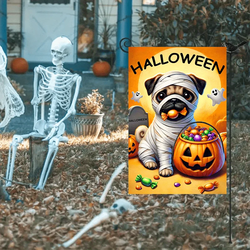 1 Piece 2D Flat Halloween Pug Garden Flag - Double Sided Polyester Welcome Flag for All Seasons, Multipurpose Patio Lawn Outdoor Decor, Mummy Dog Design, Party Supplies for Pet Lovers, 12 × 18 Inches - No Flagpole