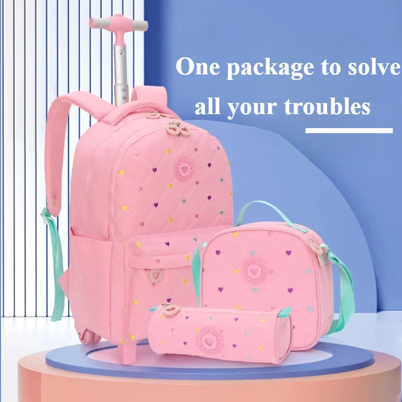 Trolley Bags for School Girls Kids School Backpacks with Adjustable Large Capacity Wheels Middle  School Trolley Luggage Bookbag