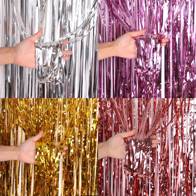 1*2M Party Backdrop Metallic Foil Fringe Tinsel Curtain Adult Birthday Party Wedding Decor Baby Shower Party Backgroun Photozon