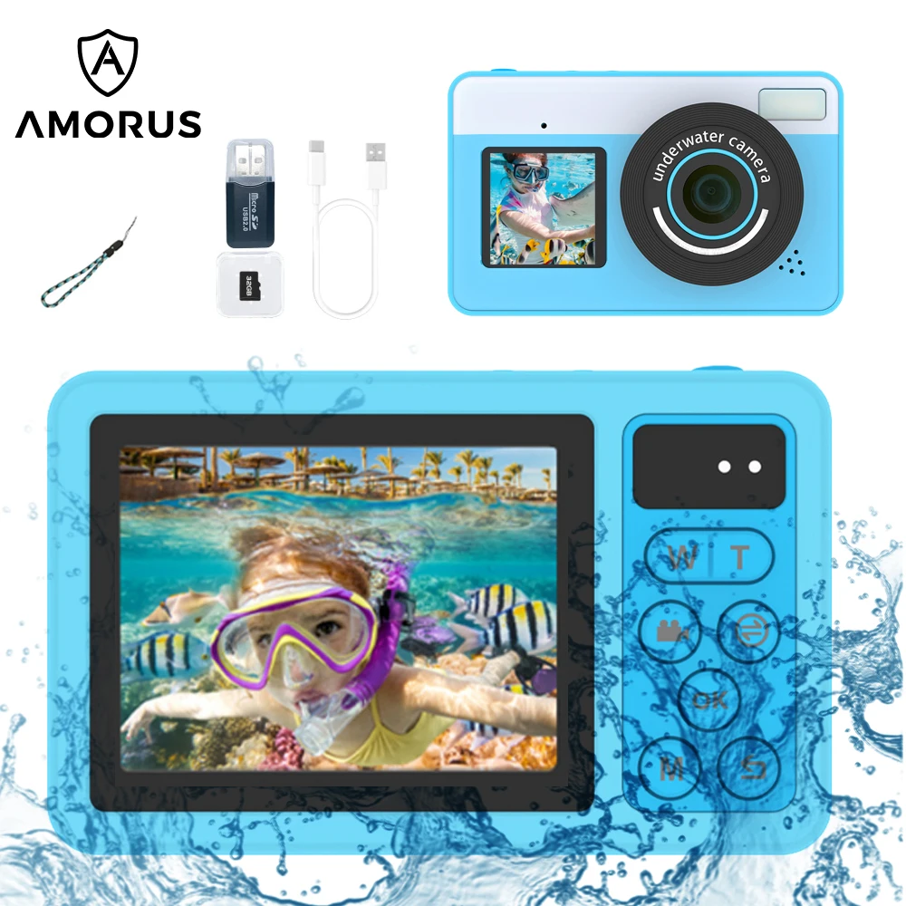 AMORUS Dual-Screen-Digitalkamera, IP68, wasserdichte Selfie-Videokamera für Erwachsene und Kinder,