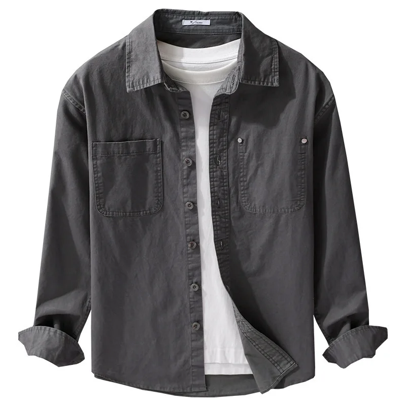 

Casual Long Sleeve Gray Shirt Men Japanese Vintage Work Shirts Male Square Pure Cotton Button Up Shirt Spring New Mens Clothing