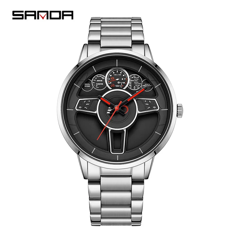 SANDA 1139 Men Quartz Watches Steer Wheel Design Leisure Creative Unique Business Stainless Steel Strap Wrist Watches for Male