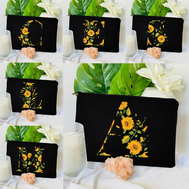 Sunflower Pattern Letters Makeup Bag Women Floral Cosmetic Case Monogram Canvas Toiletry Bag Gift for Friends Bridesmaids Sister