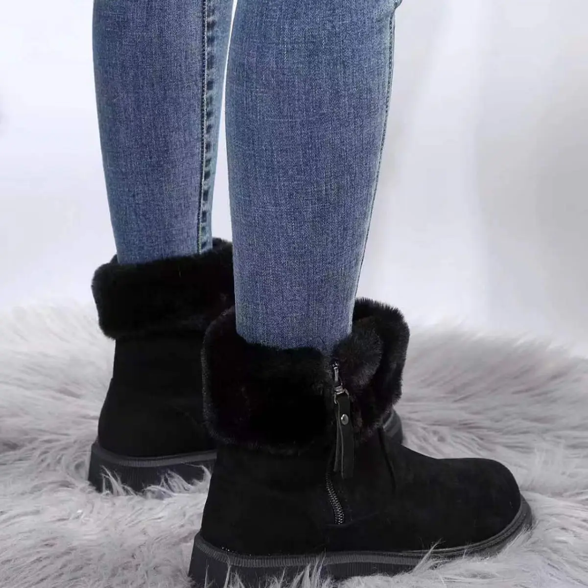 Winter Snow Boots For Women Short Tube Cotton Shoes Velvet Thicke British Style Outside Side Zipper Turned-over Edge Plus Size